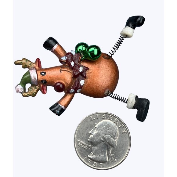 Reindeer Pin Christmas Brooch Spring Legs and Bell Accents Holiday Accessory - Picture 5 of 10